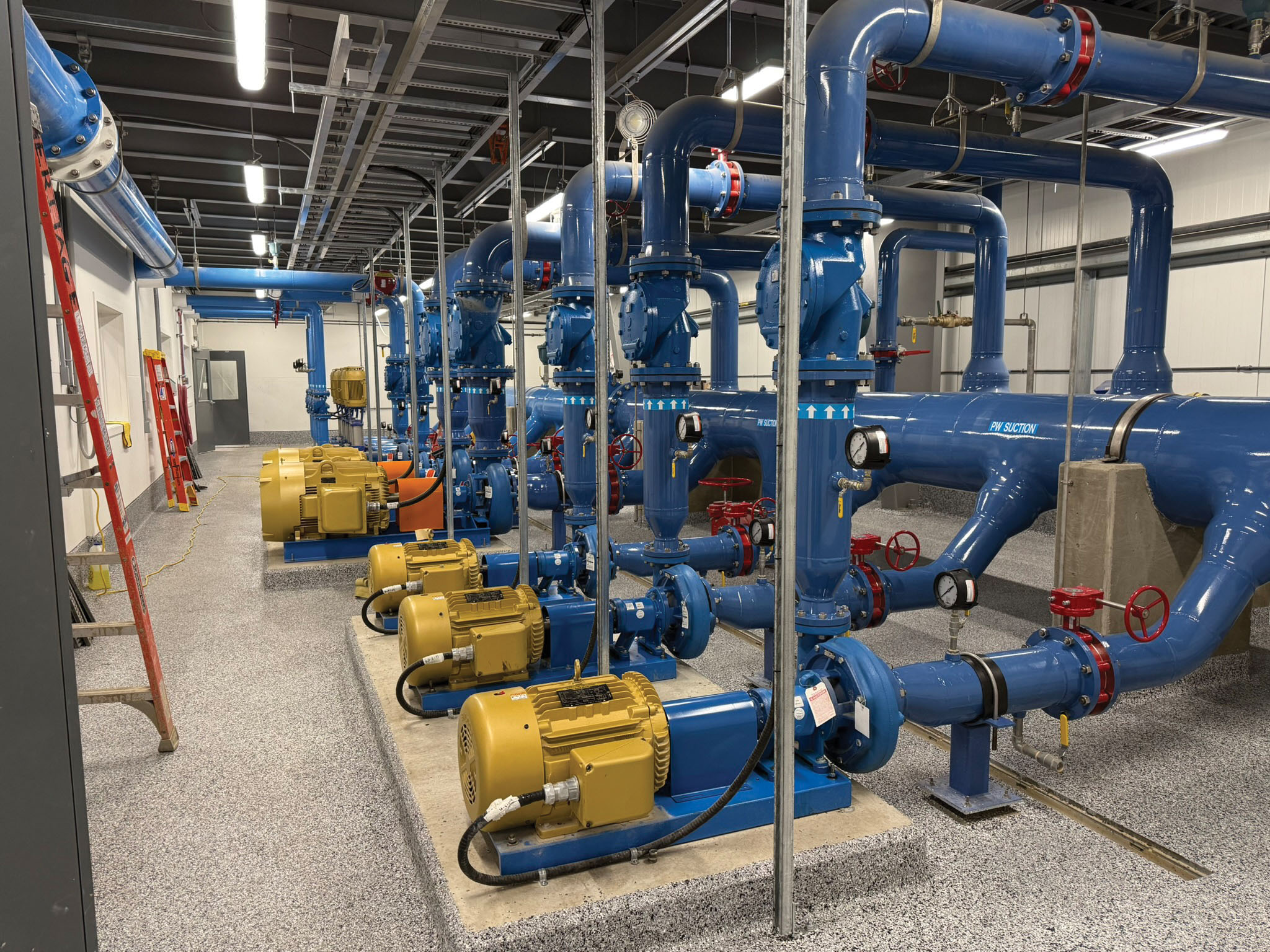 The pump room consists of all major pumping equipment including the distribution pumps, emergency pumps, backwash supply pumps, and membrane supply pumps.
