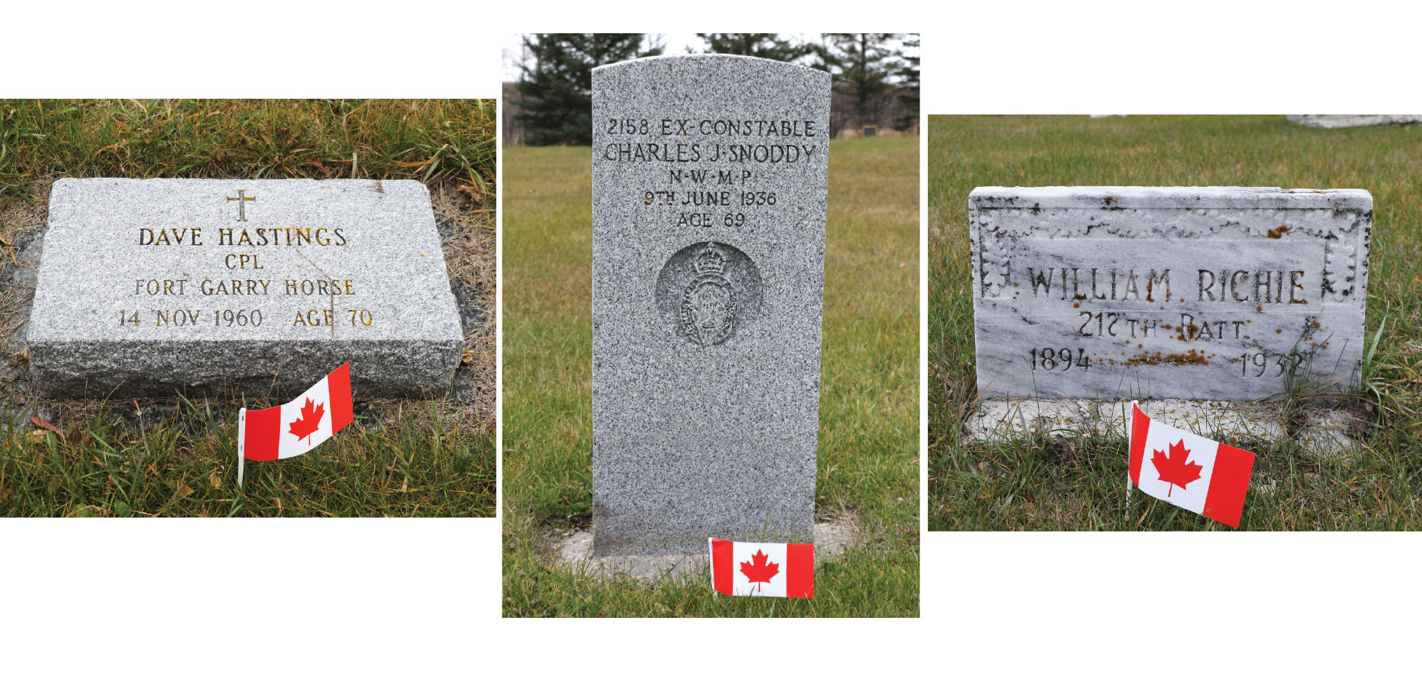 Some of the gravestones of fallen service members including the grave stone of a member of the Royal Northwest Mounted police, at right, from a time when there was a jail in Moosomin and  they used to bring prisoners to the town.