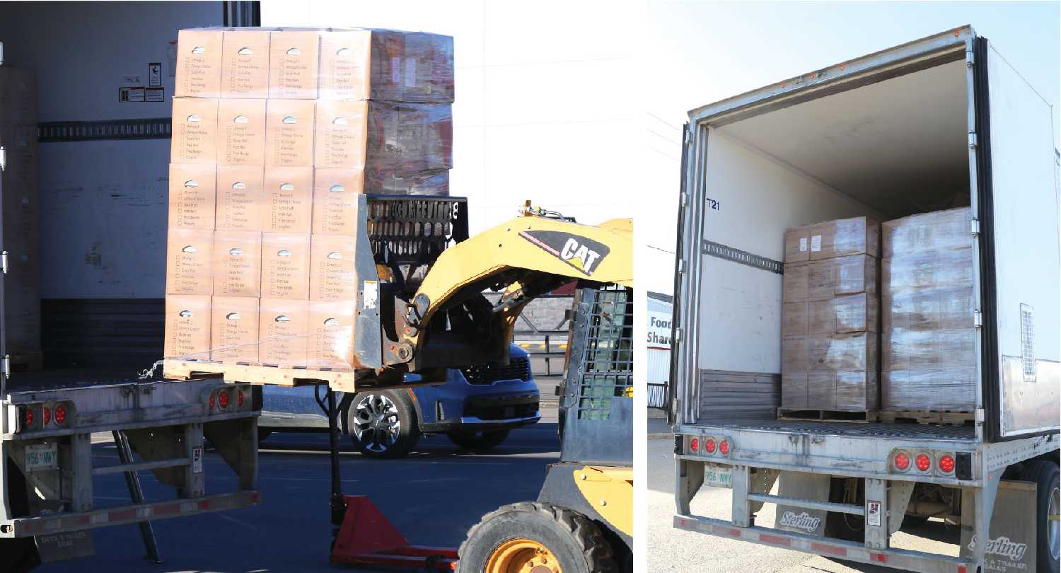 The pallets of eggs being unloaded at the Moosomin Food Share on Tuesday.