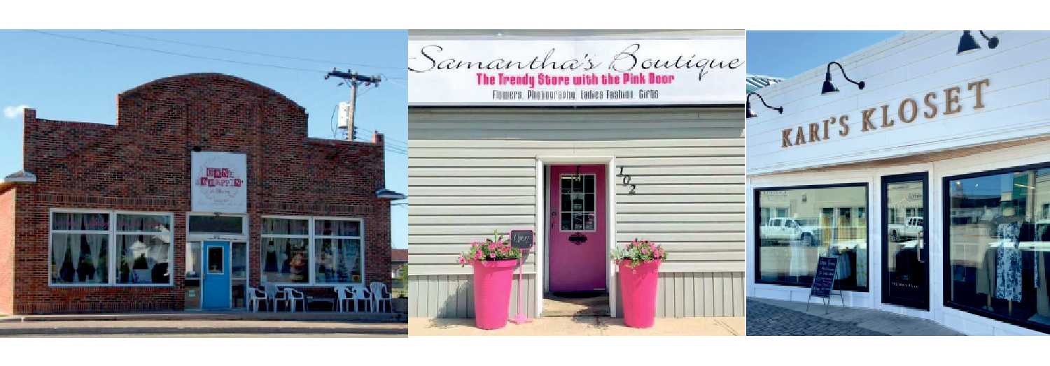 Some of the storefronts of local businesses participating in the Rural Road Trip this summer. Shoppers can shop these businesses and earn stamps on their passports and be entered into draws to win prizes. From left, Gone Scrappin� in Bloom in Rossburn, Samantha�s Boutique in Elkhorn, and Kari�s Kloset in Moosomin. Images from Facebook.